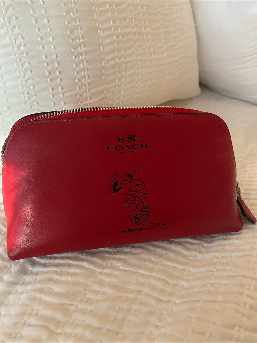 Coach Red Leather Snoopy Toiletry Pouch
